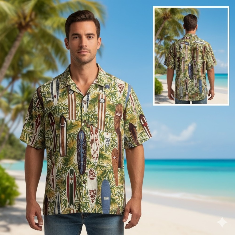 RJC Hawaiian Shirt Surfboard Palm Leaf‎ Print Button Up Mens Sz L Made in Hawaii